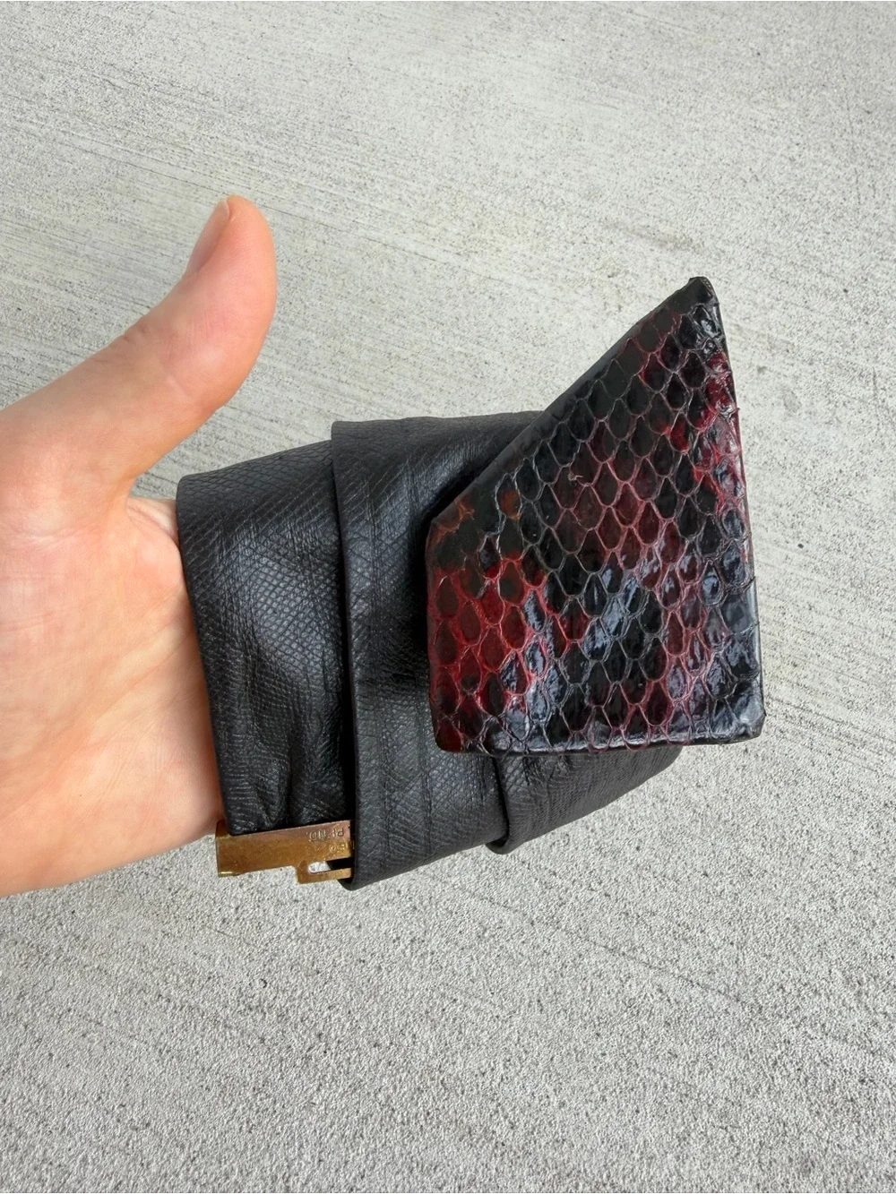 Vintage Wide Leather Stretch Belt with Genuine Snakeskin Buckle Black Burgundy